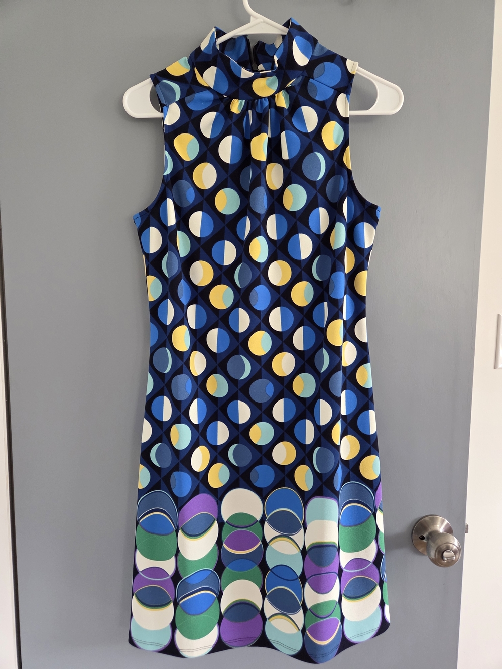 London Times Navy Geometric Sleeveless Dress with Yellow and Blue Accents